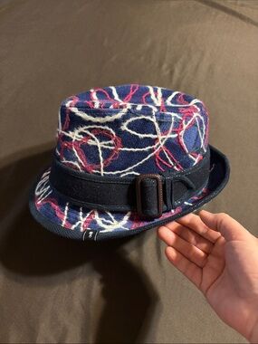 Men's Navy Patterned Fedora Hat with Navy Buckle Band